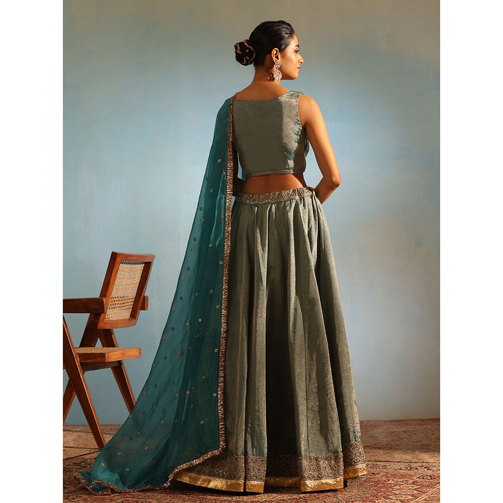 WeaverStory Green Hand Tissue Silk Zardozi Lehenga with Choli and Organza Dupatta (Set of 3)