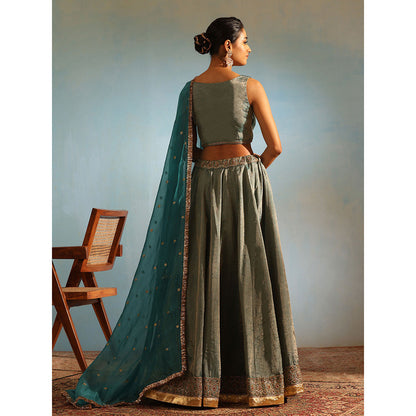 WeaverStory Green Hand Tissue Silk Zardozi Lehenga with Choli and Organza Dupatta (Set of 3)