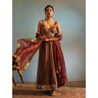 WeaverStory Brown Tissue Silk Anarkali Kurta with Churidar and Organza Dupatta (Set of 3)