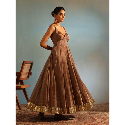 WeaverStory Brown Tissue Silk Anarkali Kurta with Churidar and Organza Dupatta (Set of 3)