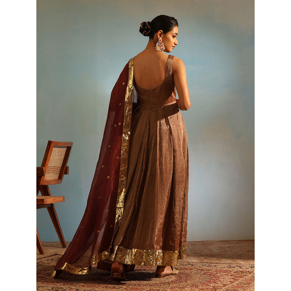 WeaverStory Brown Tissue Silk Anarkali Kurta with Churidar and Organza Dupatta (Set of 3)