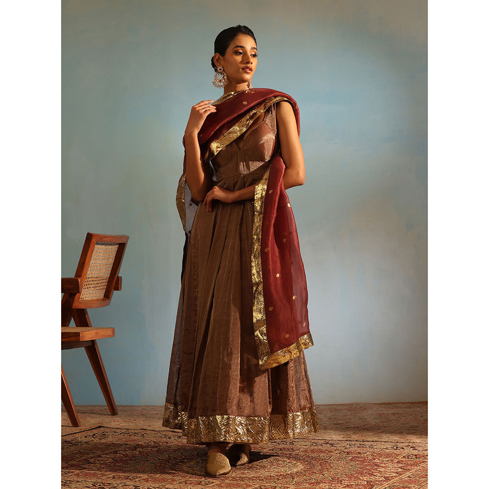 WeaverStory Brown Tissue Silk Anarkali Kurta with Churidar and Organza Dupatta (Set of 3)