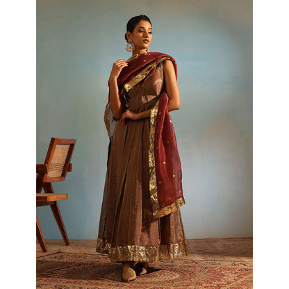 WeaverStory Brown Tissue Silk Anarkali Kurta with Churidar and Organza Dupatta (Set of 3)