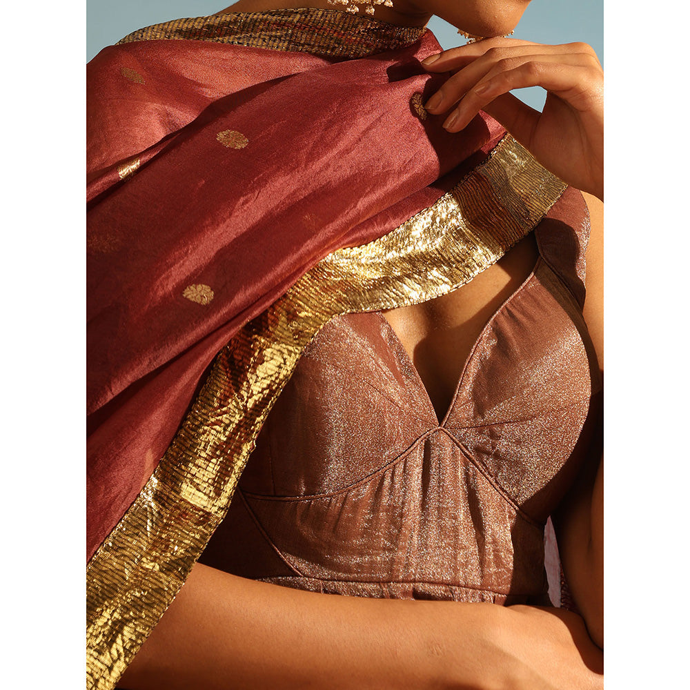 WeaverStory Brown Tissue Silk Anarkali Kurta with Churidar and Organza Dupatta (Set of 3)