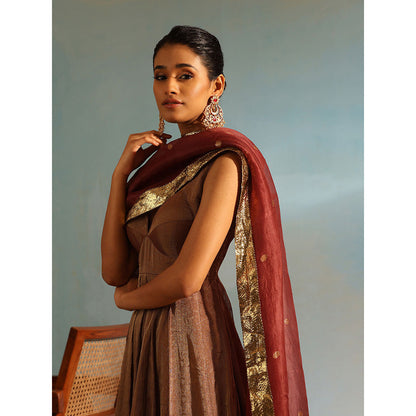 WeaverStory Brown Tissue Silk Anarkali Kurta with Churidar and Organza Dupatta (Set of 3)