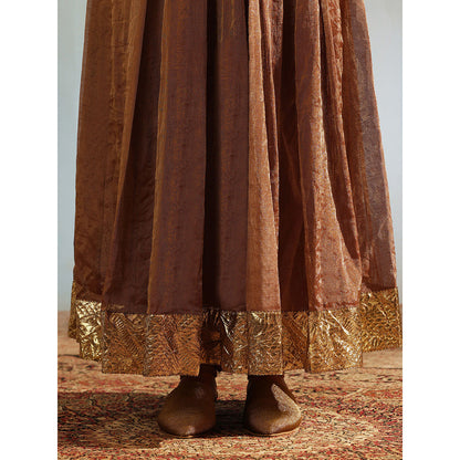 WeaverStory Brown Tissue Silk Anarkali Kurta with Churidar and Organza Dupatta (Set of 3)