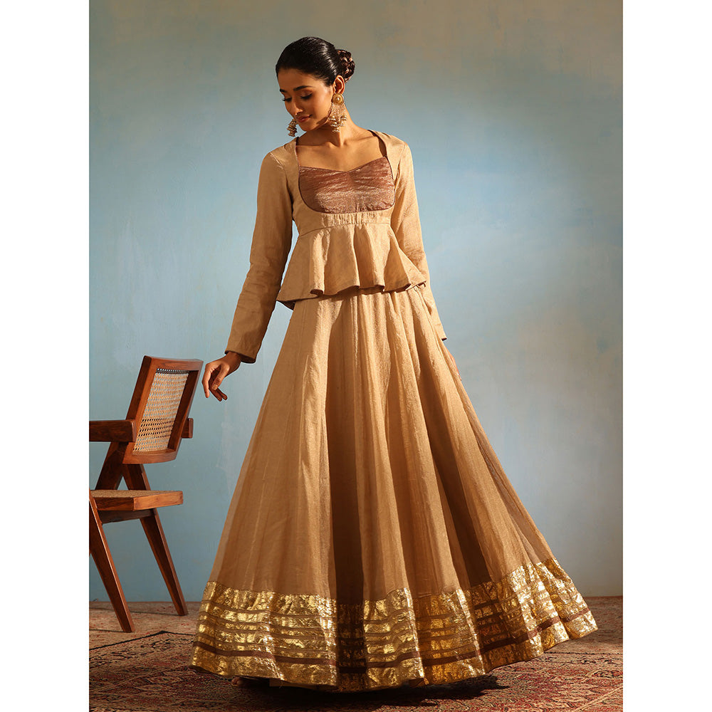 WeaverStory Beige Tissue Silk Lehenga with Choli and Organza Dupatta (Set of 3)