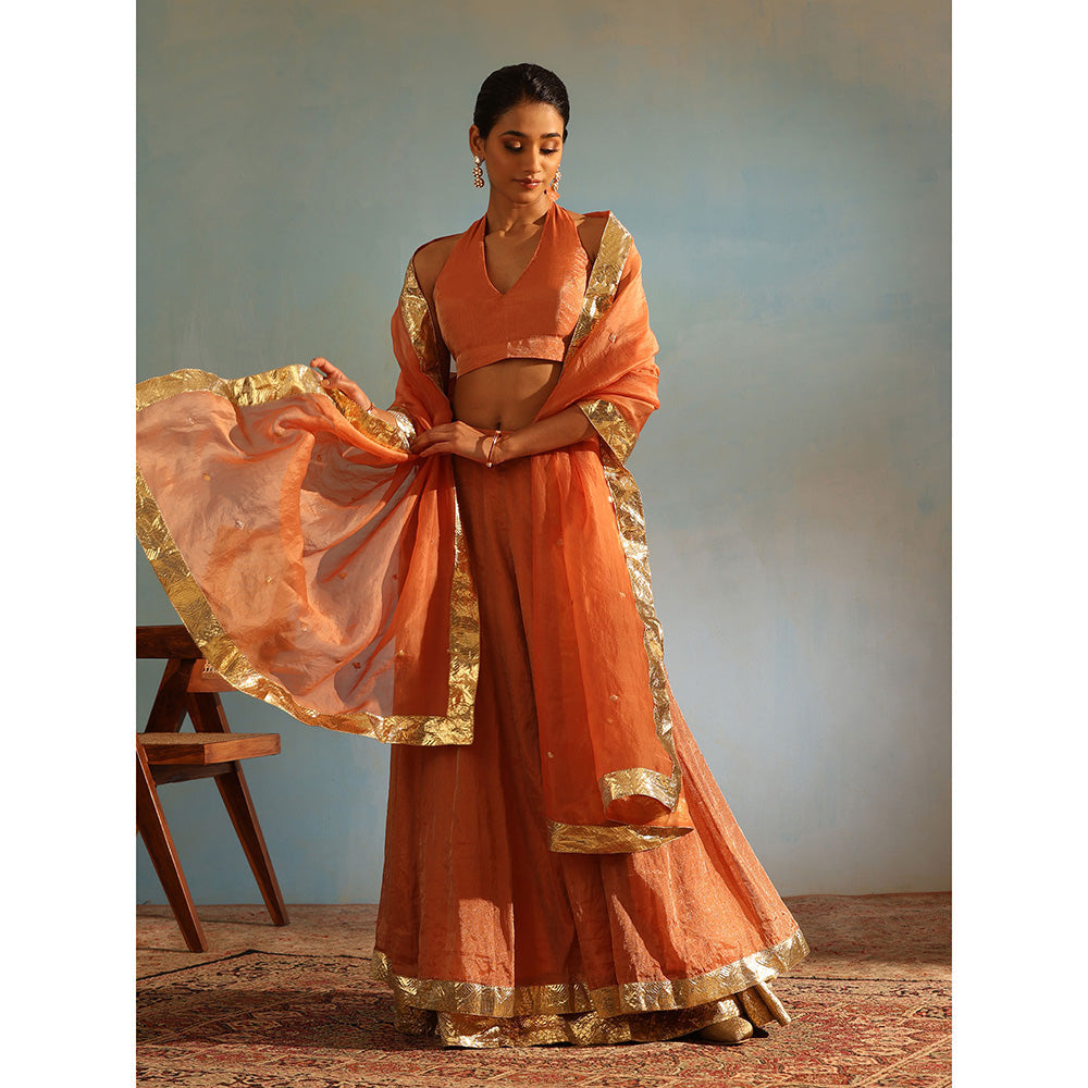 WeaverStory Orange Tissue Silk Kalidaar Lehenga with Choli Organza Dupatta (Set of 3)