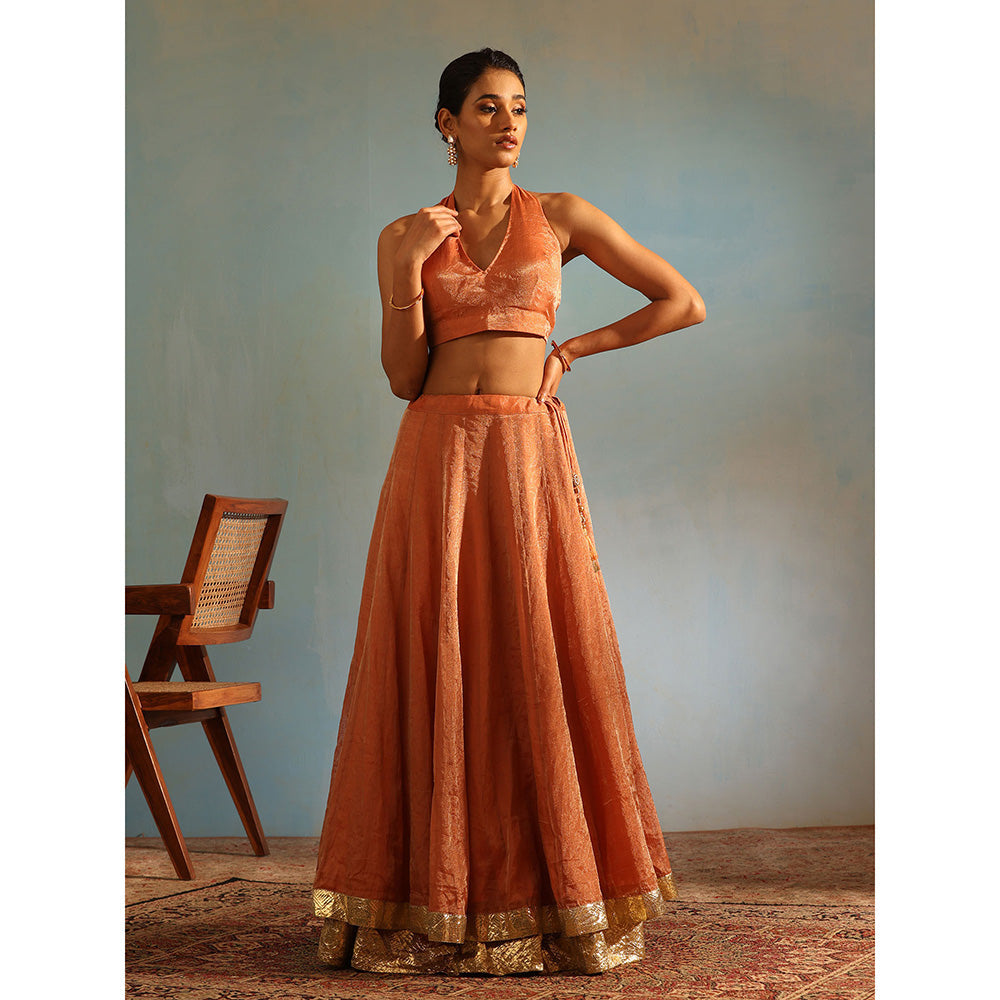 WeaverStory Orange Tissue Silk Kalidaar Lehenga with Choli Organza Dupatta (Set of 3)