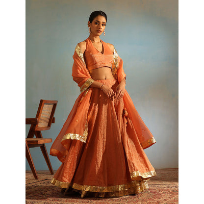 WeaverStory Orange Tissue Silk Kalidaar Lehenga with Choli Organza Dupatta (Set of 3)