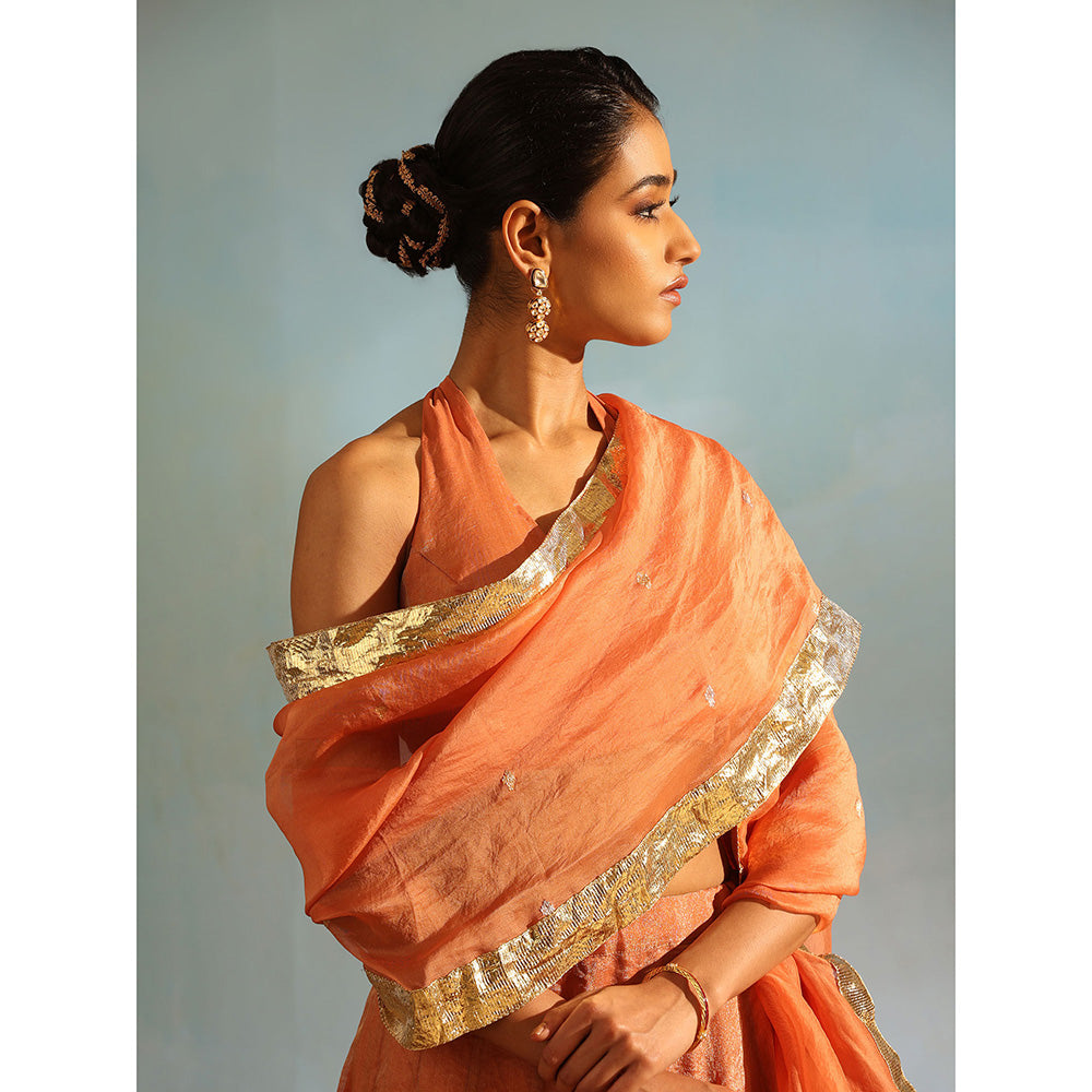WeaverStory Orange Tissue Silk Kalidaar Lehenga with Choli Organza Dupatta (Set of 3)