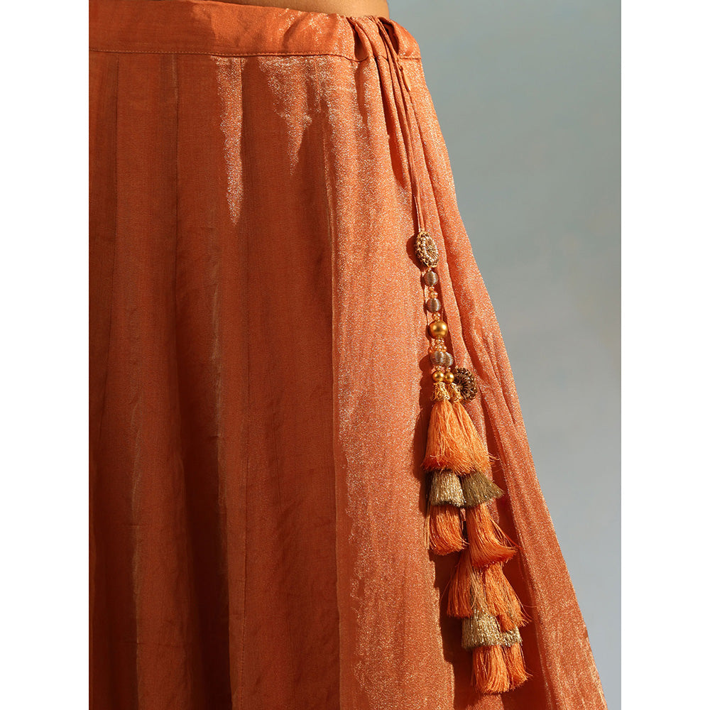 WeaverStory Orange Tissue Silk Kalidaar Lehenga with Choli Organza Dupatta (Set of 3)