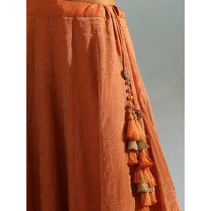 WeaverStory Orange Tissue Silk Kalidaar Lehenga with Choli Organza Dupatta (Set of 3)