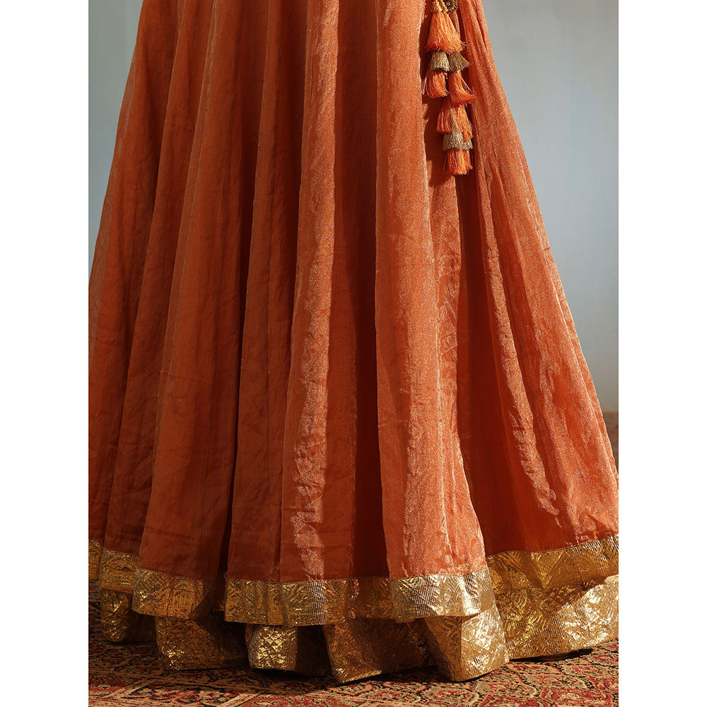 WeaverStory Orange Tissue Silk Kalidaar Lehenga with Choli Organza Dupatta (Set of 3)