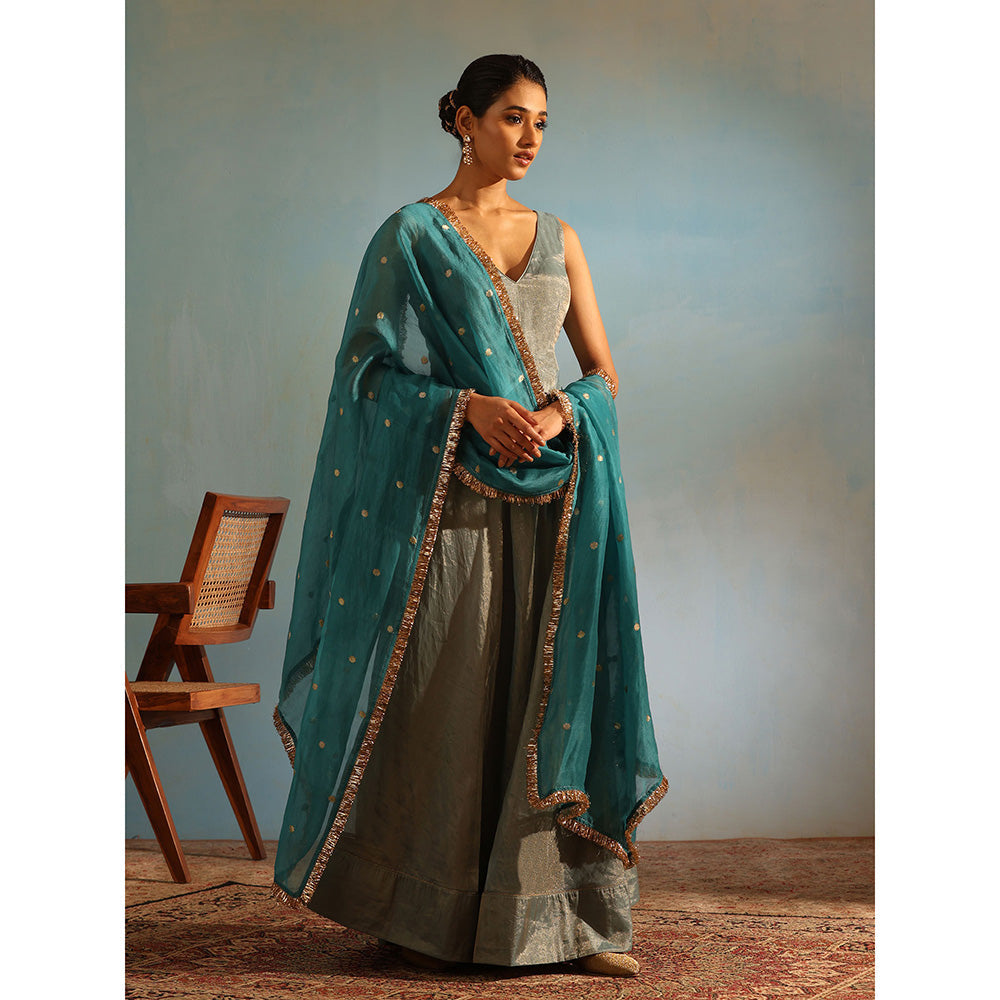 WeaverStory Blue Tissue Silk Anarkali Kurta with Churidar and Organza Dupatta (Set of 3)