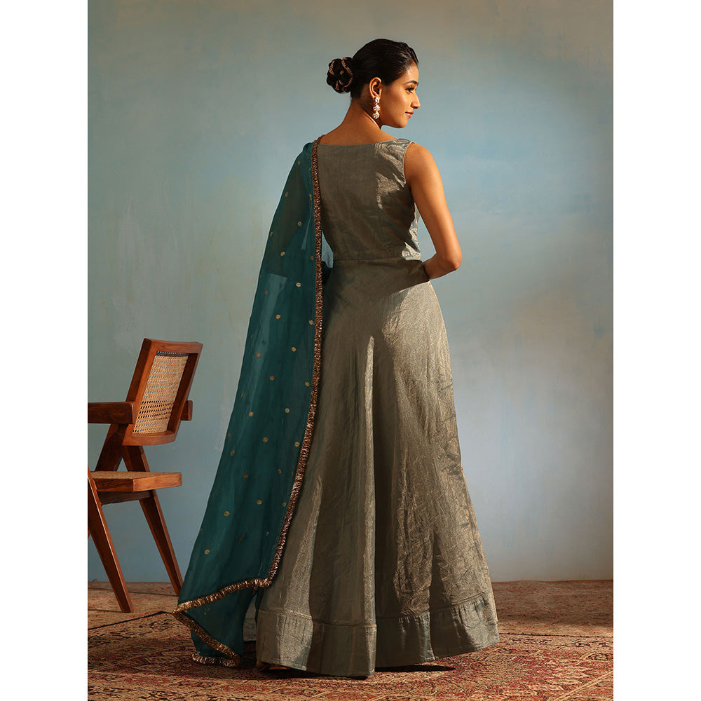 WeaverStory Blue Tissue Silk Anarkali Kurta with Churidar and Organza Dupatta (Set of 3)