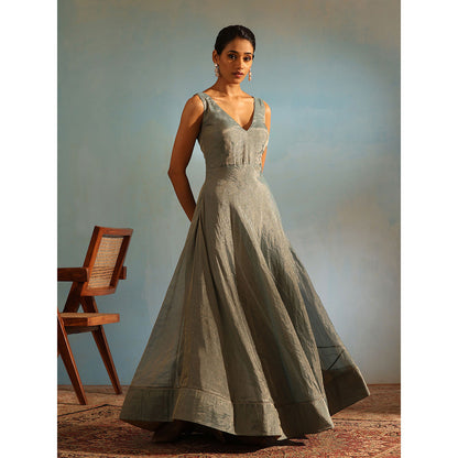 WeaverStory Blue Tissue Silk Anarkali Kurta with Churidar and Organza Dupatta (Set of 3)