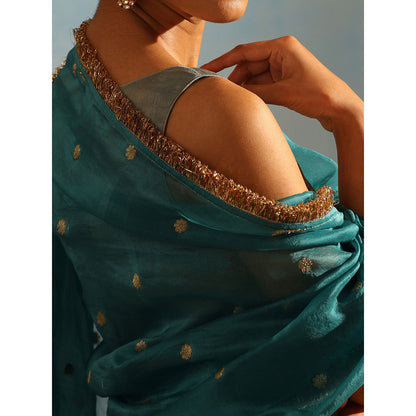 WeaverStory Blue Tissue Silk Anarkali Kurta with Churidar and Organza Dupatta (Set of 3)