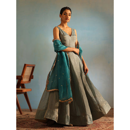 WeaverStory Blue Tissue Silk Anarkali Kurta with Churidar and Organza Dupatta (Set of 3)