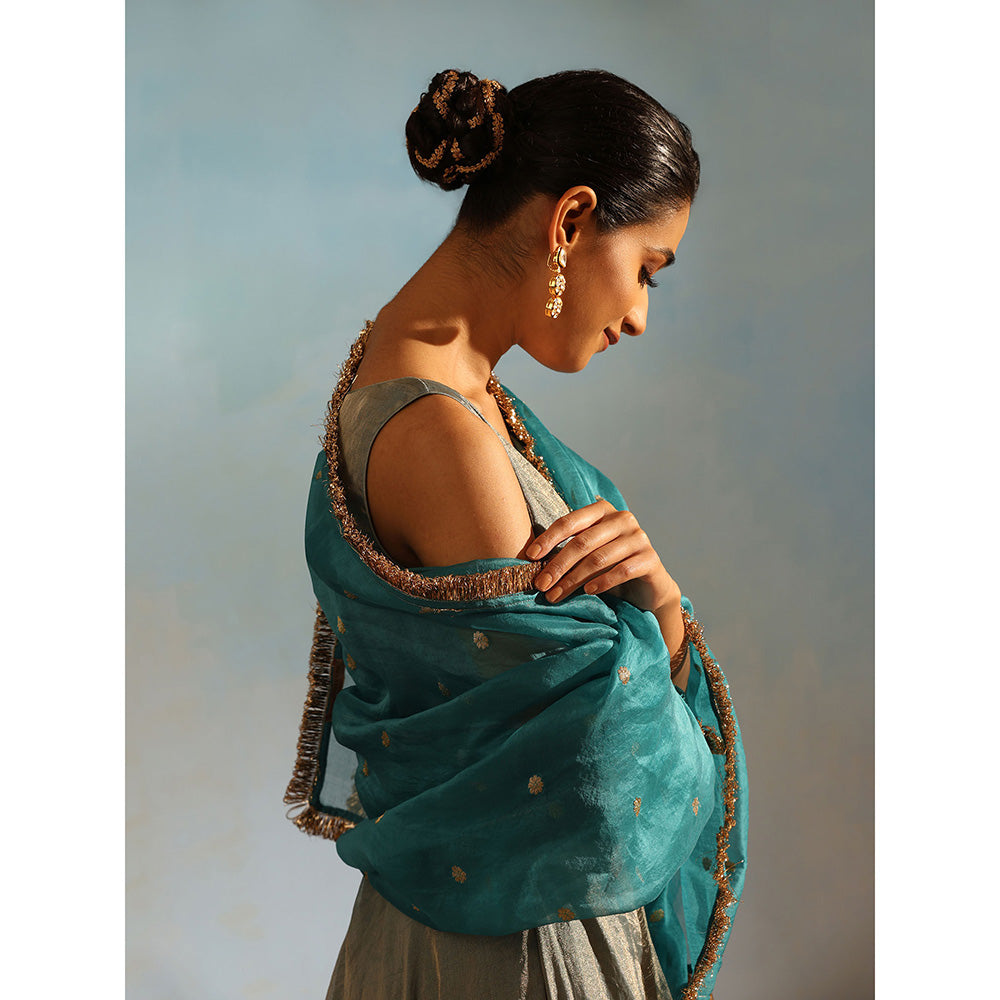 WeaverStory Blue Tissue Silk Anarkali Kurta with Churidar and Organza Dupatta (Set of 3)