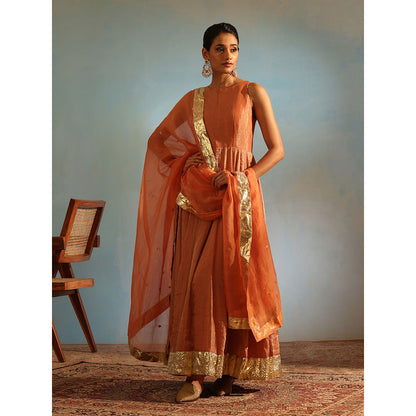 WeaverStory Orange Tissue Silk Anarkali Kurta with Churidar and Organza Dupatta (Set of 3)