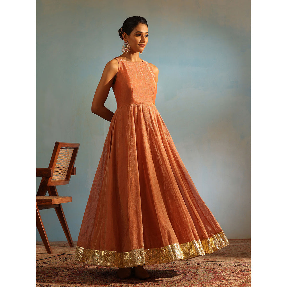 WeaverStory Orange Tissue Silk Anarkali Kurta with Churidar and Organza Dupatta (Set of 3)