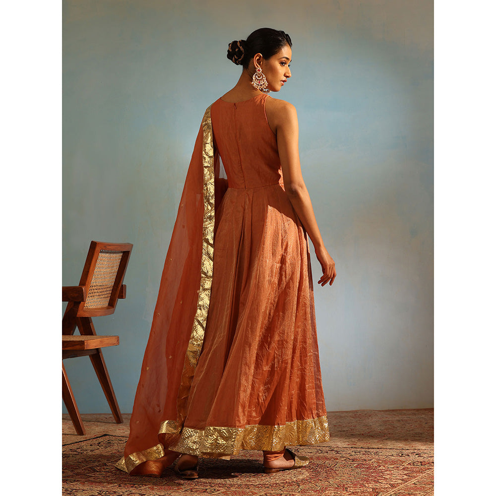 WeaverStory Orange Tissue Silk Anarkali Kurta with Churidar and Organza Dupatta (Set of 3)