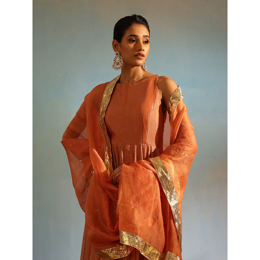 WeaverStory Orange Tissue Silk Anarkali Kurta with Churidar and Organza Dupatta (Set of 3)