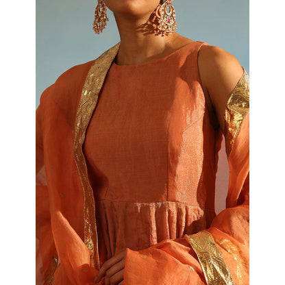 WeaverStory Orange Tissue Silk Anarkali Kurta with Churidar and Organza Dupatta (Set of 3)