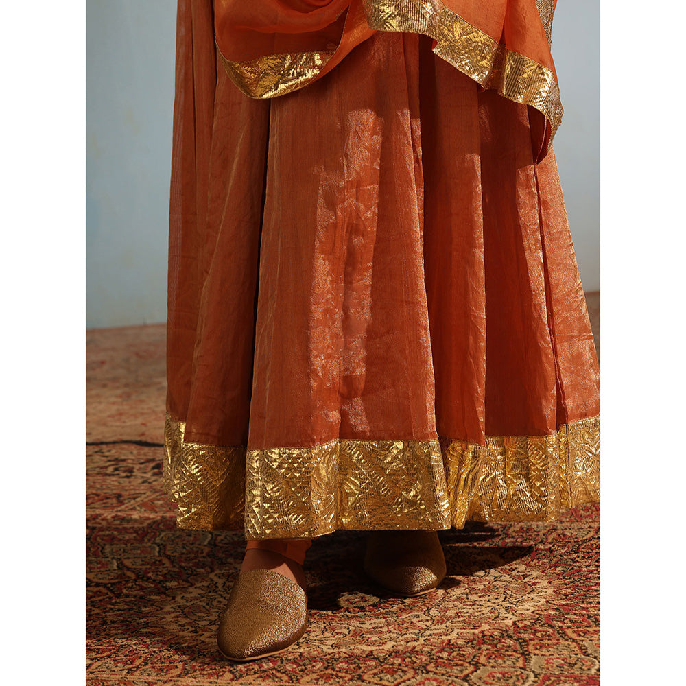 WeaverStory Orange Tissue Silk Anarkali Kurta with Churidar and Organza Dupatta (Set of 3)