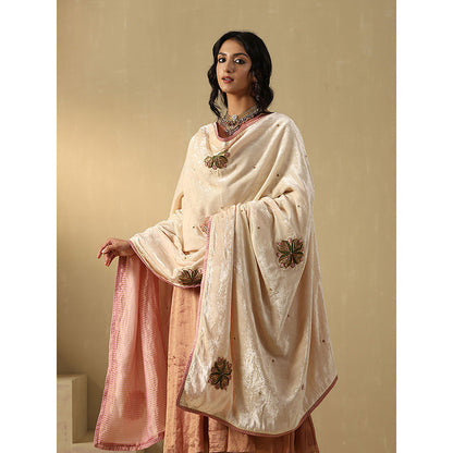 WeaverStory Off-White Hand Embroidered Zardozi Silk Velvet With Contrast Dupatta