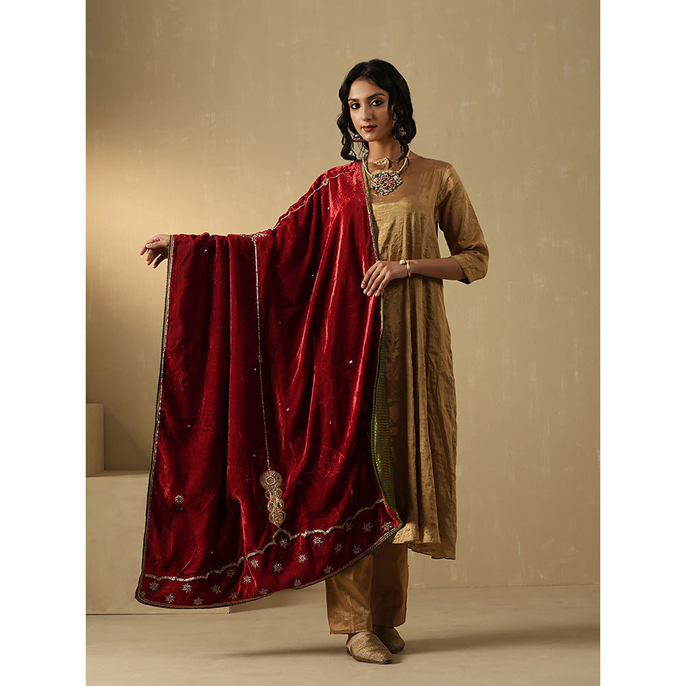 WeaverStory Red And Maroon Hand Embroidered Zardozi Silk Velvet Goshala Dupatta
