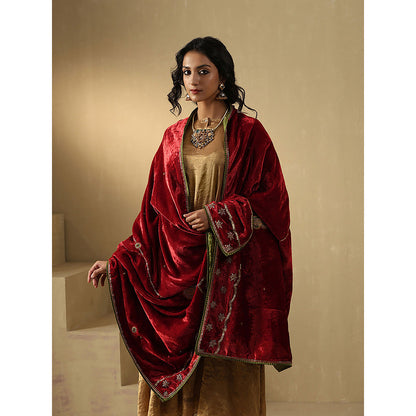 WeaverStory Red And Maroon Hand Embroidered Zardozi Silk Velvet Goshala Dupatta