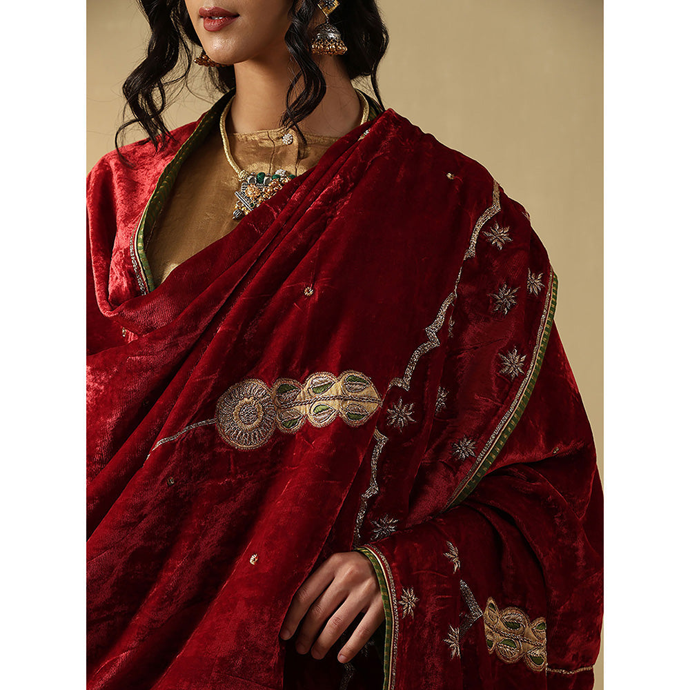 WeaverStory Red And Maroon Hand Embroidered Zardozi Silk Velvet Goshala Dupatta