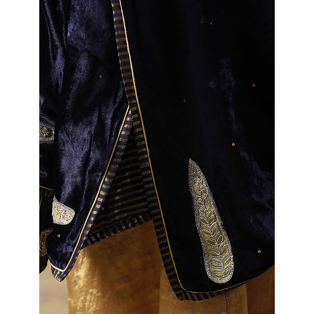 WeaverStory Navy Blue Hand Embroidered Zardozi Silk Velvet Goshala With Dupatta
