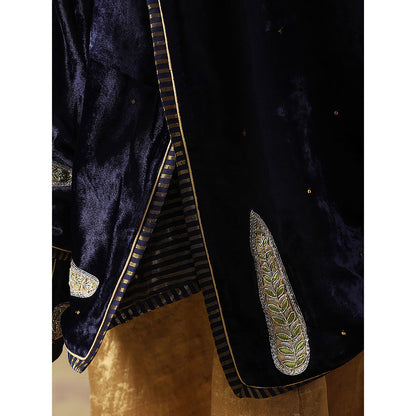 WeaverStory Navy Blue Hand Embroidered Zardozi Silk Velvet Goshala With Dupatta