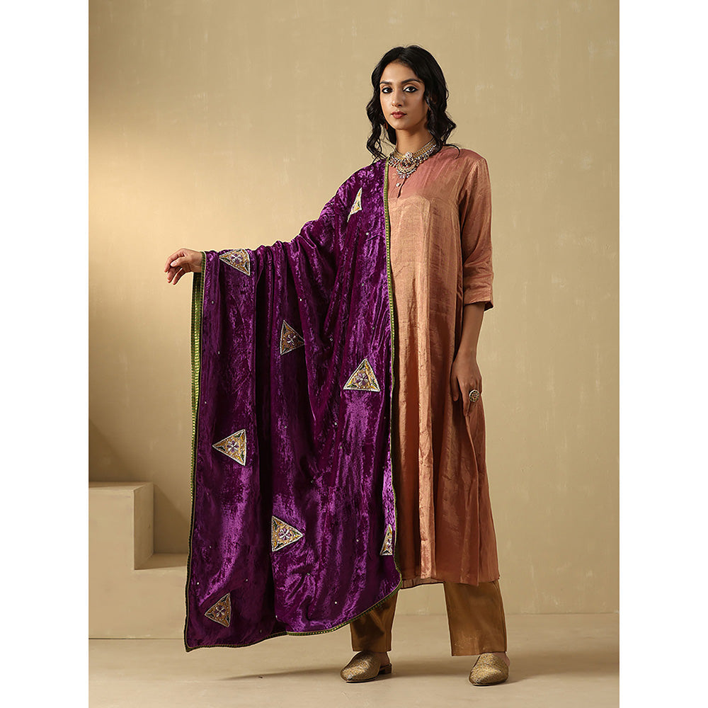 WeaverStory Purple Mauve Hand Embroidered Zardozi Silk Velvet With Dupatta