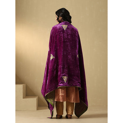 WeaverStory Purple Mauve Hand Embroidered Zardozi Silk Velvet With Dupatta