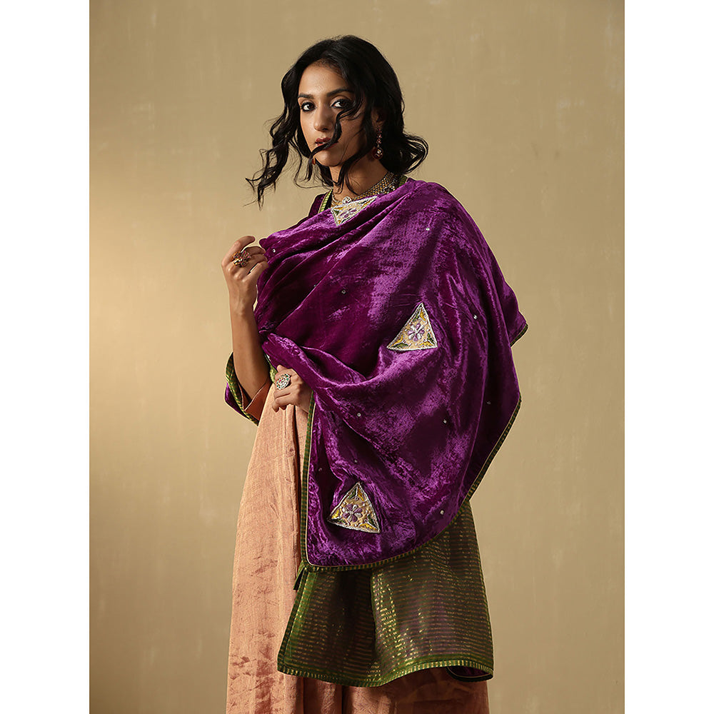 WeaverStory Purple Mauve Hand Embroidered Zardozi Silk Velvet With Dupatta