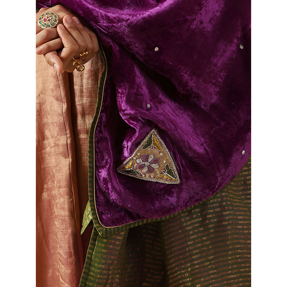 WeaverStory Purple Mauve Hand Embroidered Zardozi Silk Velvet With Dupatta