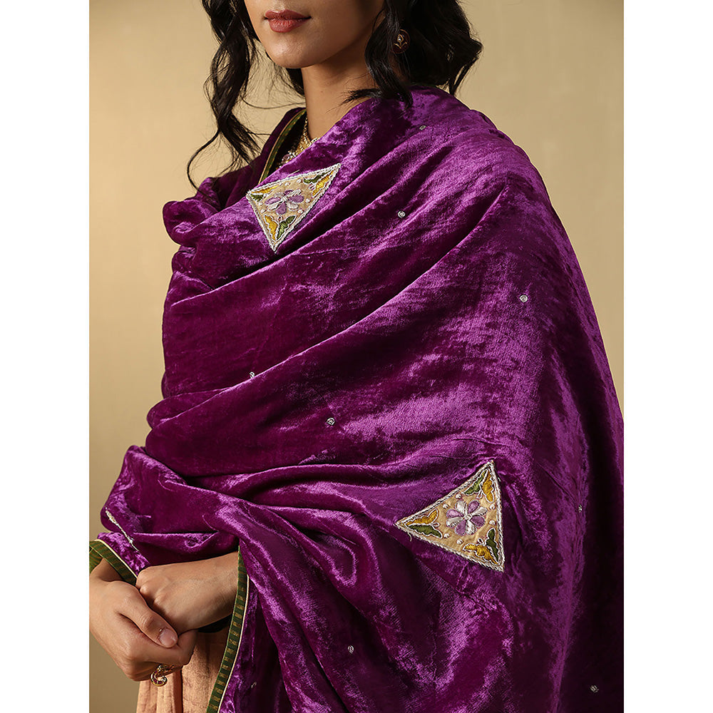 WeaverStory Purple Mauve Hand Embroidered Zardozi Silk Velvet With Dupatta