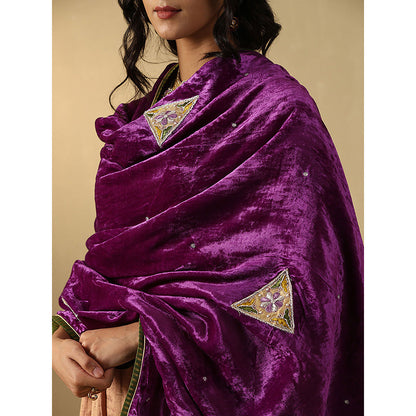 WeaverStory Purple Mauve Hand Embroidered Zardozi Silk Velvet With Dupatta