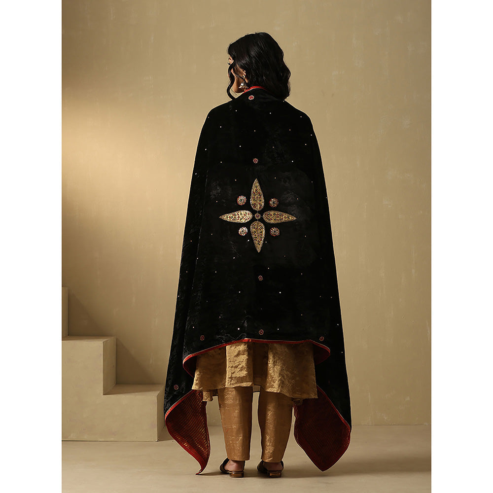 WeaverStory Black Hand Embroidered Zardozi Silk Velvet With Dupatta