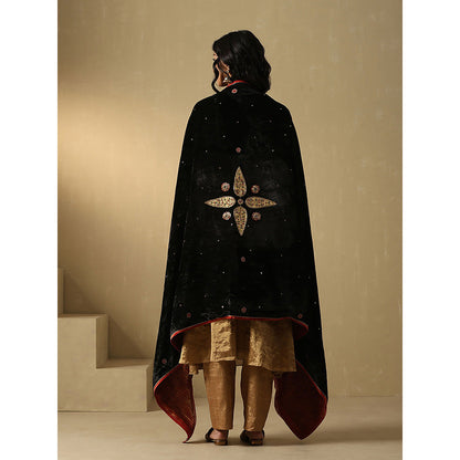 WeaverStory Black Hand Embroidered Zardozi Silk Velvet With Dupatta