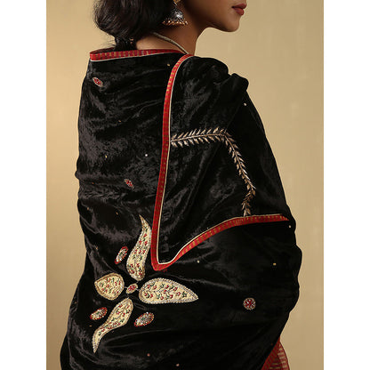 WeaverStory Black Hand Embroidered Zardozi Silk Velvet With Dupatta