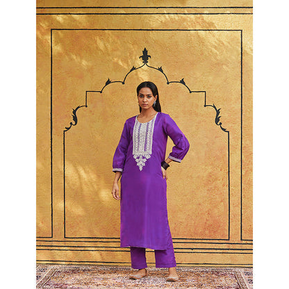 WeaverStory Purple Pure Silk Tilla Hand Embroidered Kurta With Pants And Dupatta (Set of 3)