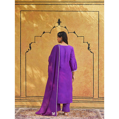 WeaverStory Purple Pure Silk Tilla Hand Embroidered Kurta With Pants And Dupatta (Set of 3)