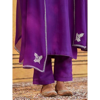 WeaverStory Purple Pure Silk Tilla Hand Embroidered Kurta With Pants And Dupatta (Set of 3)