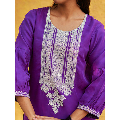 WeaverStory Purple Pure Silk Tilla Hand Embroidered Kurta With Pants And Dupatta (Set of 3)