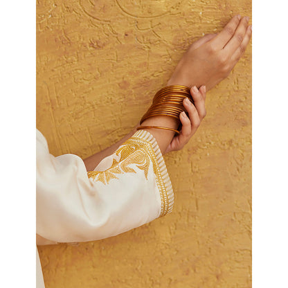 WeaverStory Off-white Pure Silk Tilla Hand Embroidered Kurta With Pants And Dupatta (Set of 3)